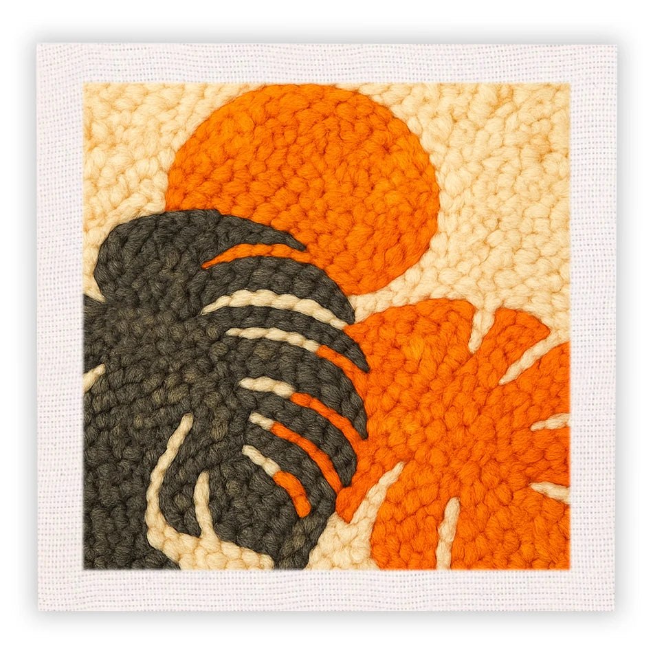 Punch Needle Embroidery Starter Kits With Frame 25cm x 25cm - Sunset Jungle Leaves