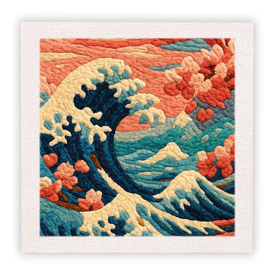 Punch Needle Embroidery Starter Kits With Frame 25cm x 25cm Scenery - Japanese Great Wave