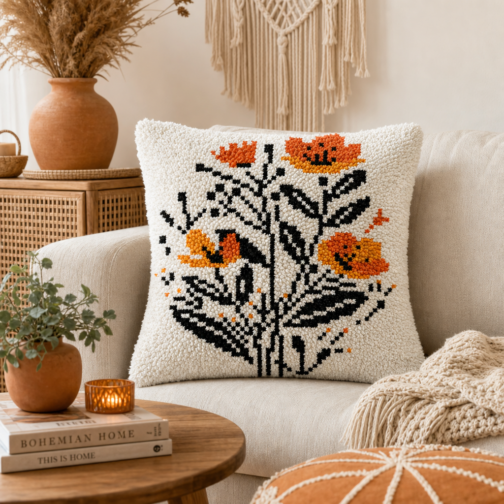 Latch Hook Pillow Making Kit - Orange Boho Blossom Design