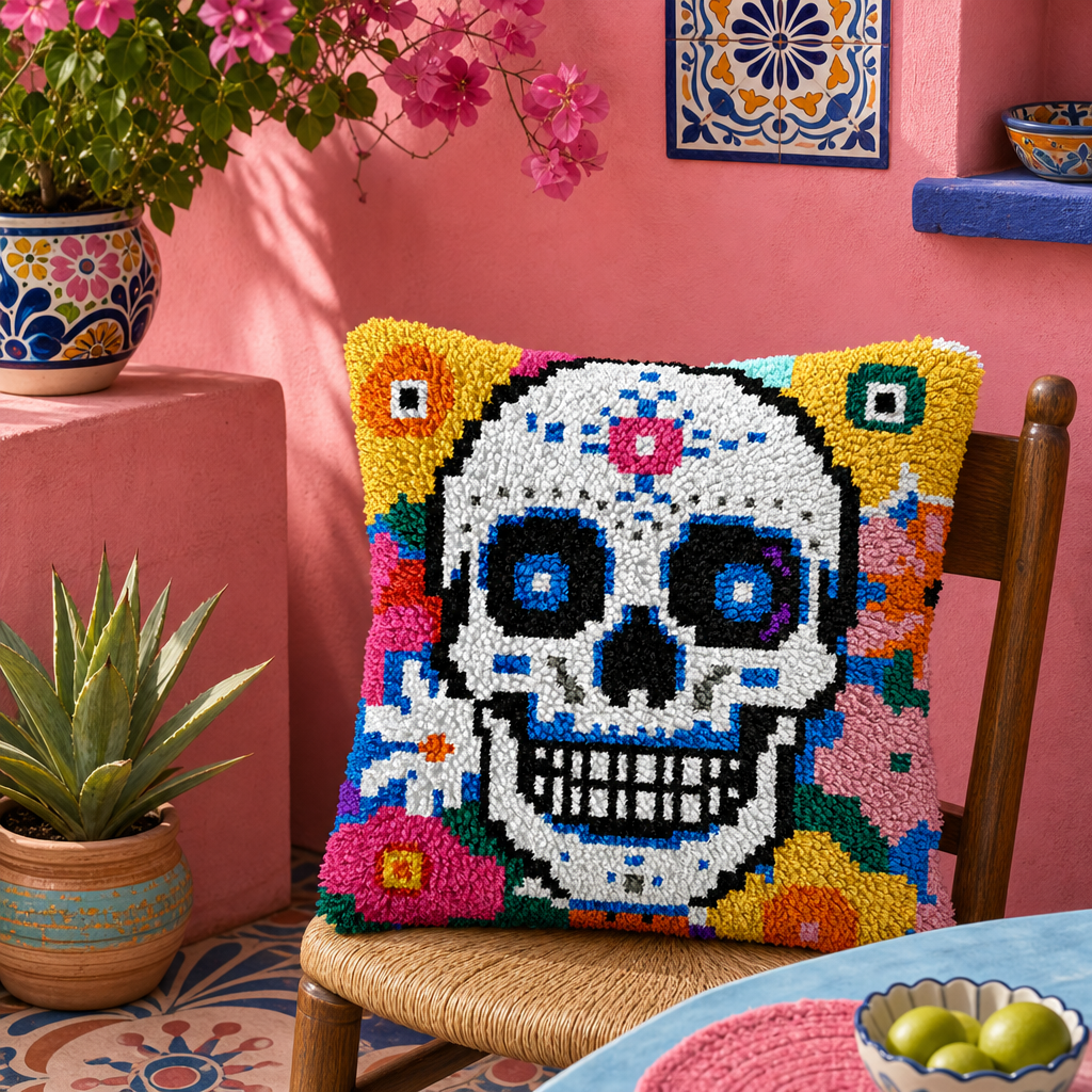Latch Hook Pillow Making Kit - Pretty Sugar Skull Design