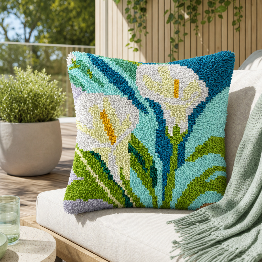 Latch Hook Pillow Making Kit - White Peace Lillies Design
