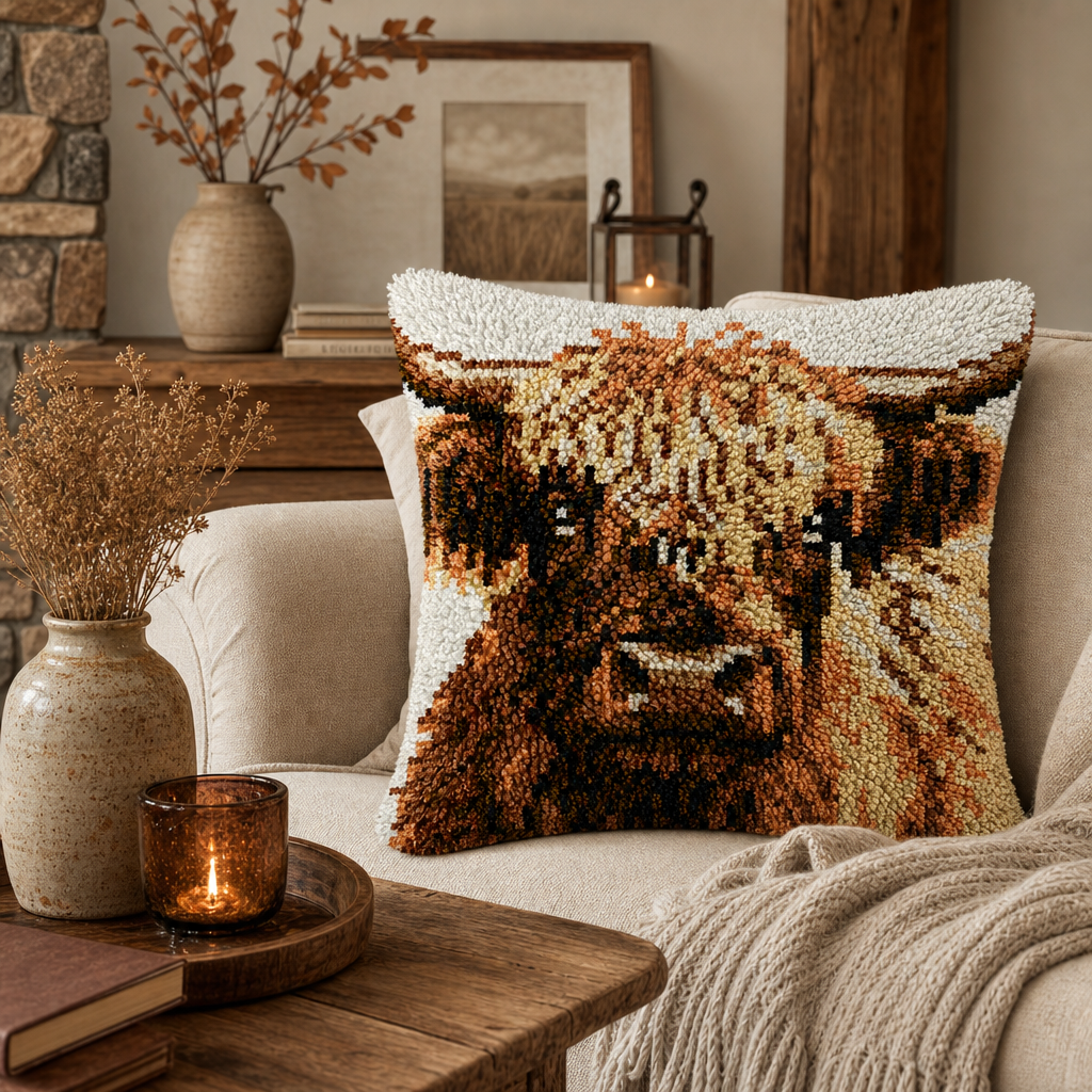 Latch Hook Pillow Making Kit - Vintage Highland Cow Design