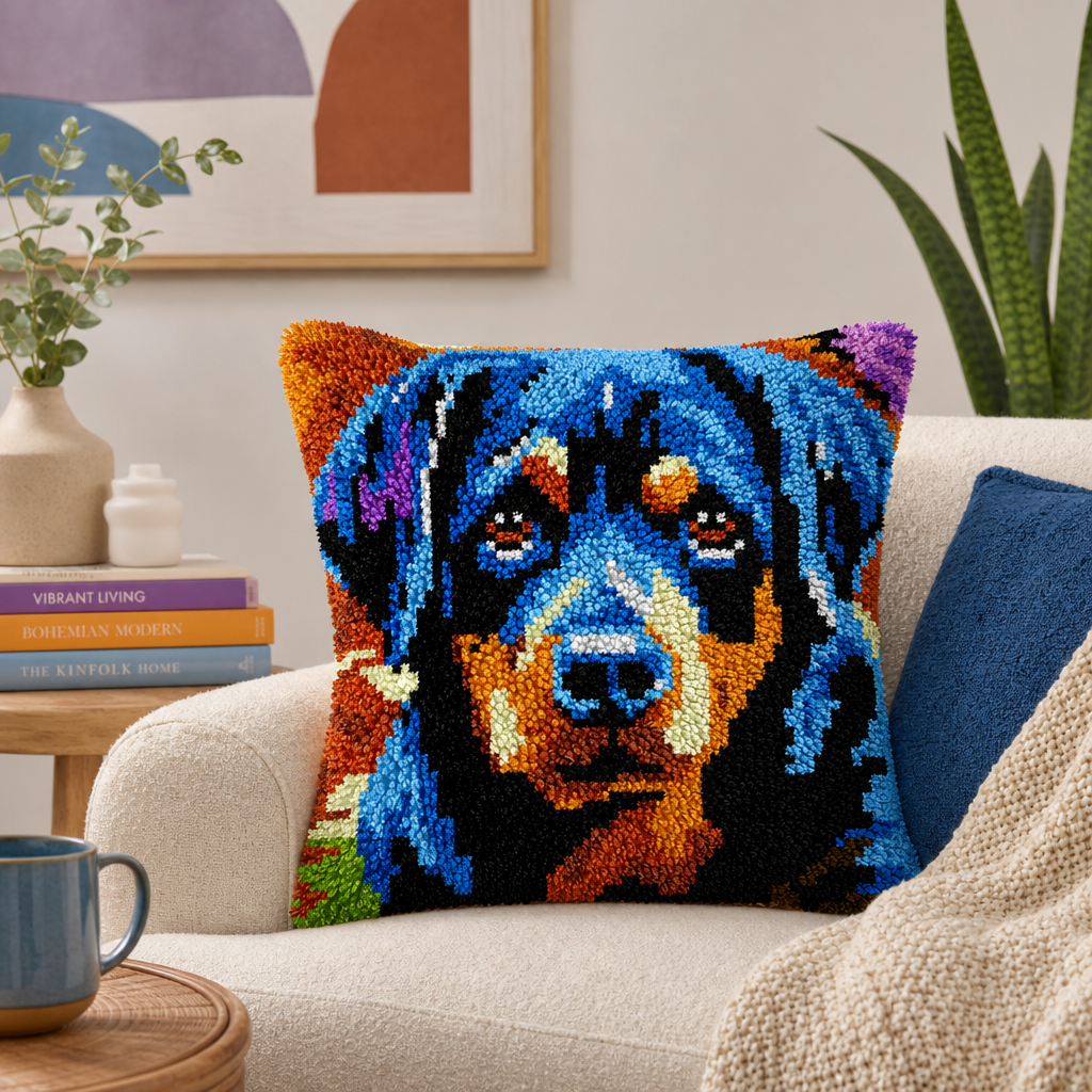 Latch Hook Pillow Making Kit - Retro Rottweiler Dog Design