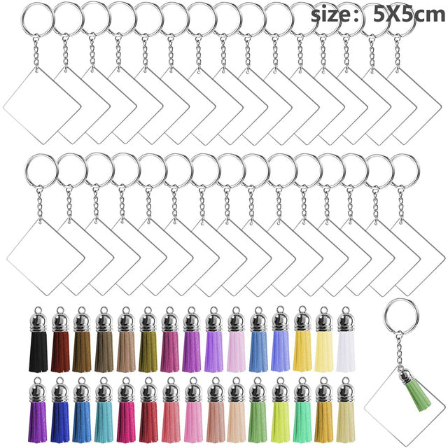30 x Clear Acrylic Key Ring Sets - Square