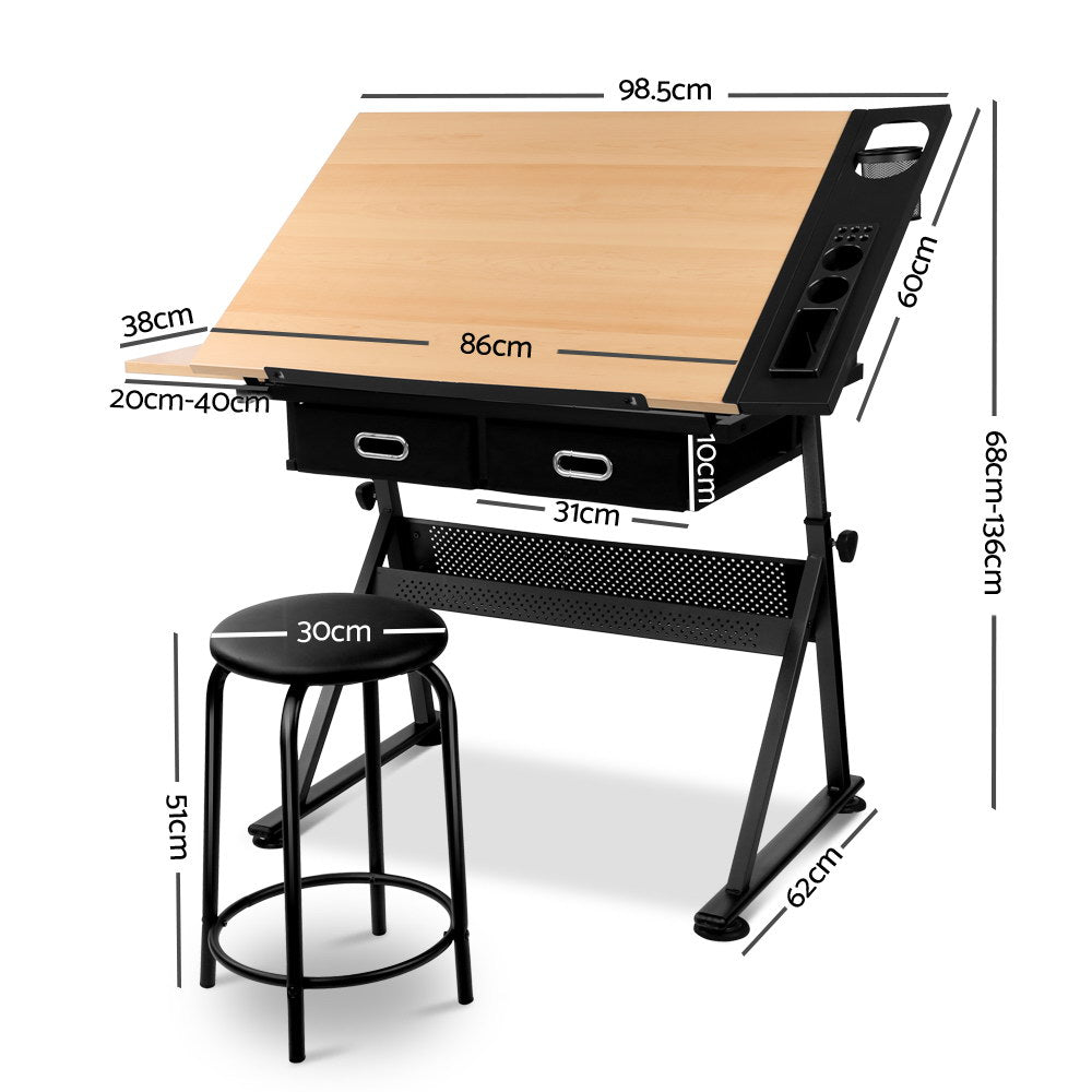 Artiss Tilt Drafting Table Stool Set - Natural & Black Furniture > Office