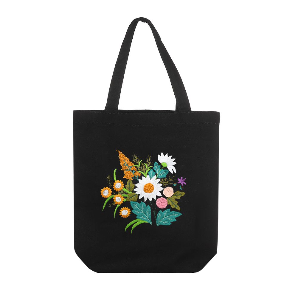 DIY Black Canvas Tote Bag Embroidery Kit Autumn Floral – Craft