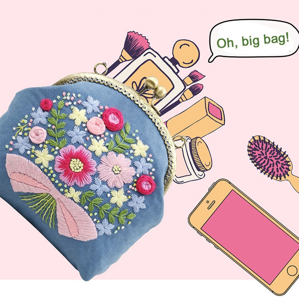 DIY Embroidery Purse Bag Kit Blue Floral Art