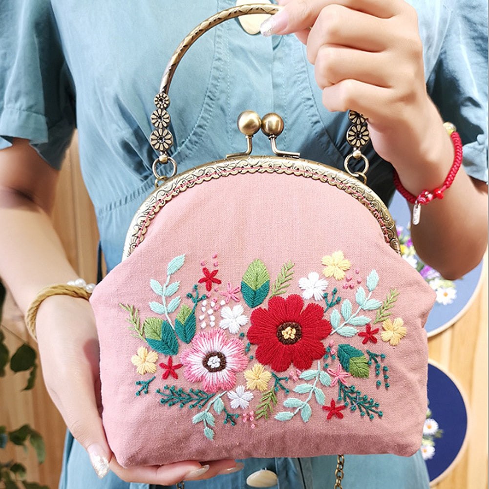 DIY Embroidery Purse Bag Kit Pink Floral Art