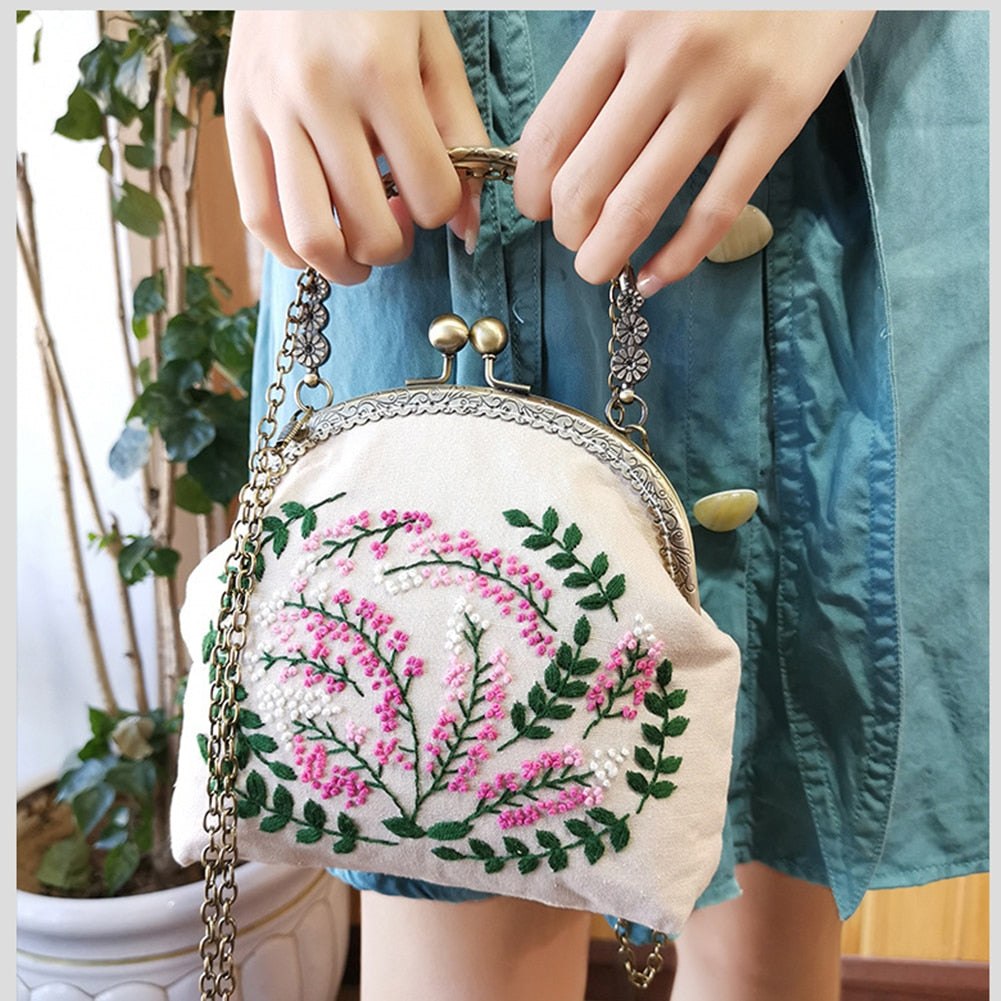 DIY Embroidery Purse Bag Kit White Floral Art