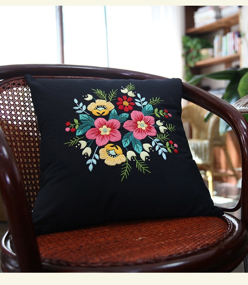 DIY Floral Embroidery Cushion Case Kit - Black Art