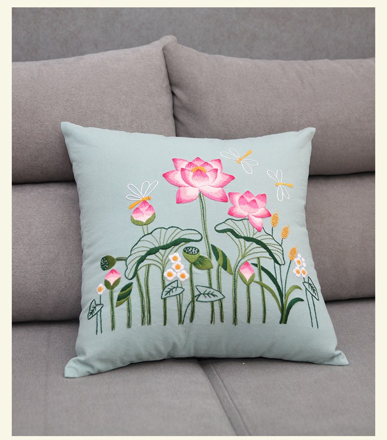 DIY Floral Embroidery Cushion Case Kit - Blue Art