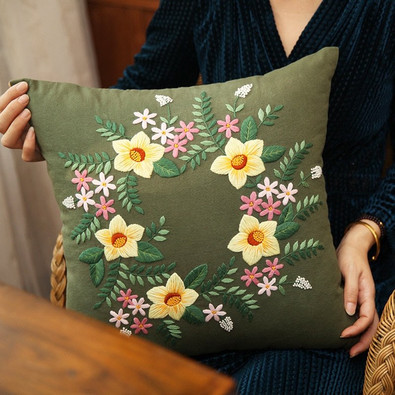 DIY Floral Embroidery Cushion Case Kit - Blue Wreath Art