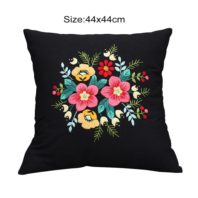 DIY Floral Embroidery Cushion Case Kit - Blue Wreath Art