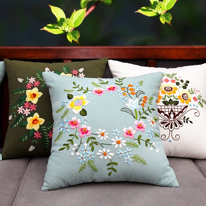 DIY Floral Embroidery Cushion Case Kit - Blue Wreath Art