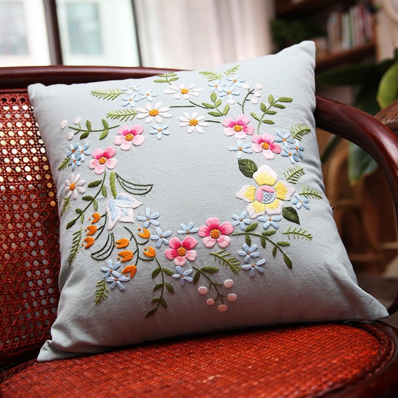 DIY Floral Embroidery Cushion Case Kit - Blue Wreath Art