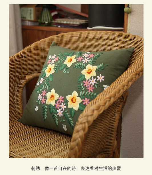 DIY Floral Embroidery Cushion Case Kit - Green Art