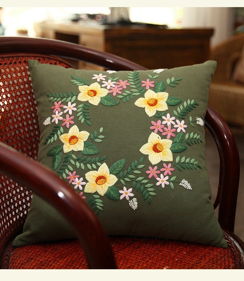 DIY Floral Embroidery Cushion Case Kit - Green Art