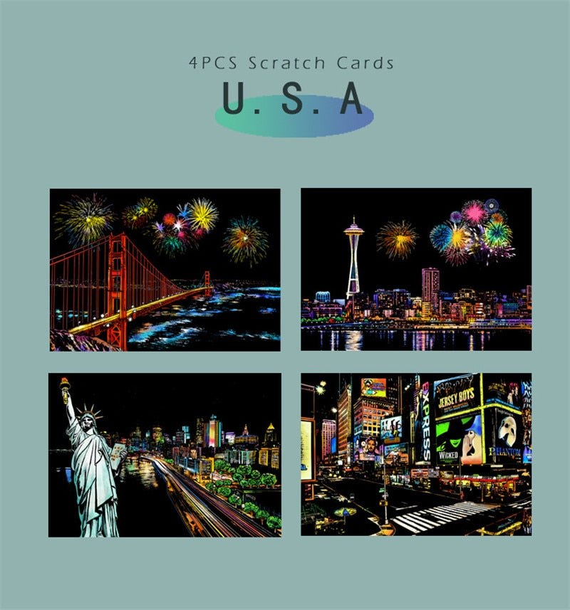 DIY Scratch Art Painting Drawing 4 x A4 Designs Bundle - USA Scratch Art Kit