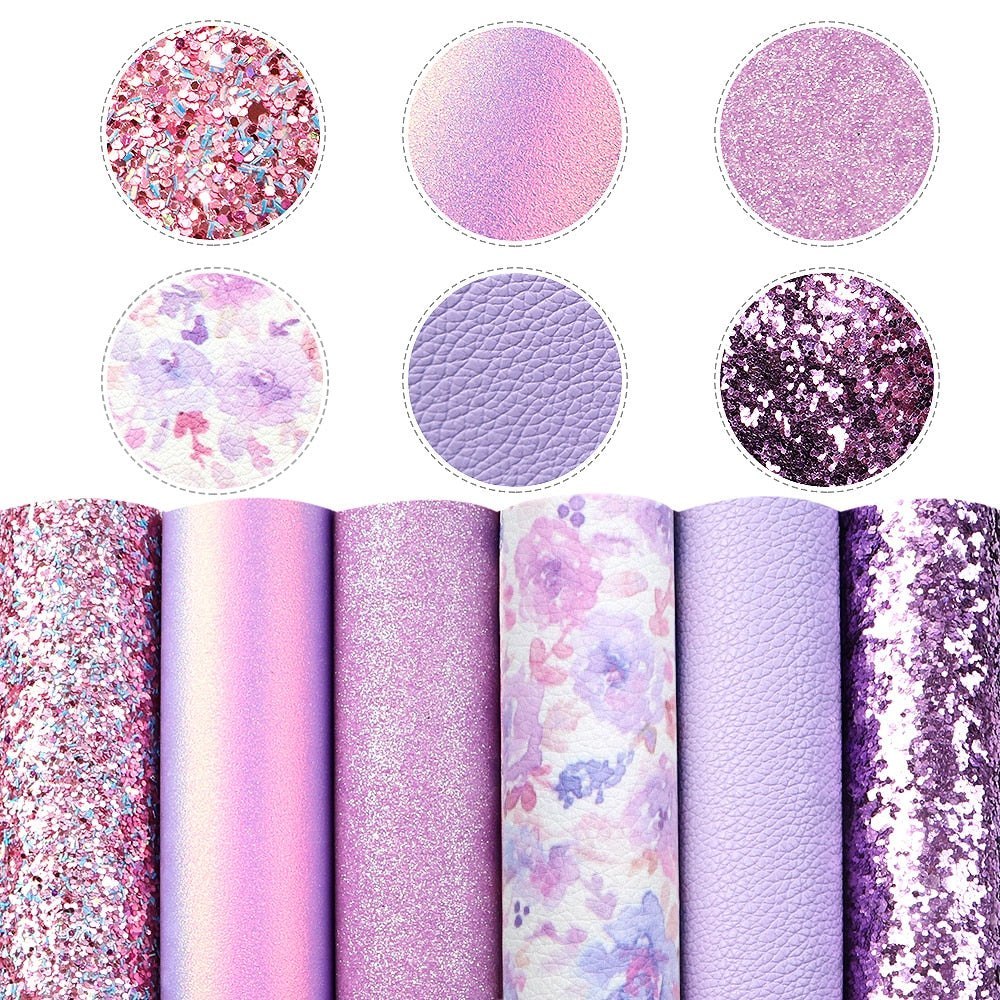 Faux Synthetic Leather Sheet Packs 6 Sheets x 20*33cm - Purple Sparkles Faux Leather