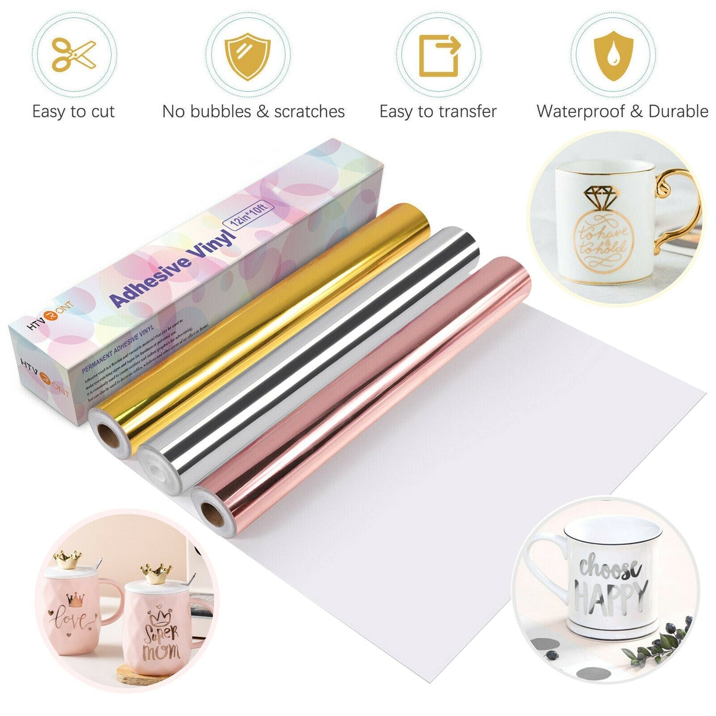 Metallic Foil Permanent Adhesive Vinyl Rolls 30x300cm