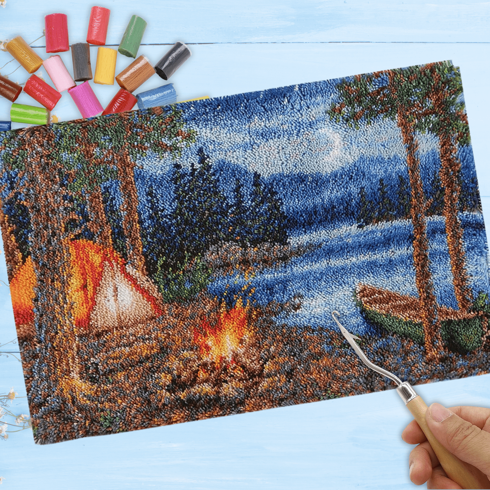 Latch Hook Kit - Rug Making Kit - Campfire By the Lake 69x102cm