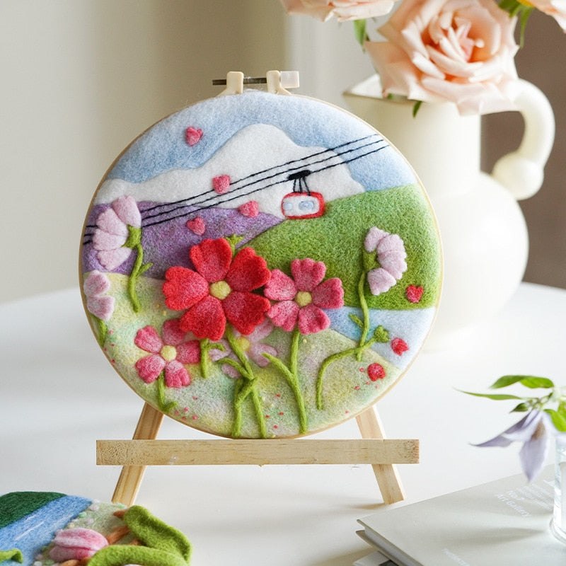 Needle Wool Felt Painting Craft Kits With 20x20cm Frame Pink Daisies