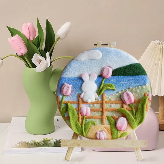 Needle Wool Felt Painting Craft Kits With 20x20cm Frame Tulip Bunny