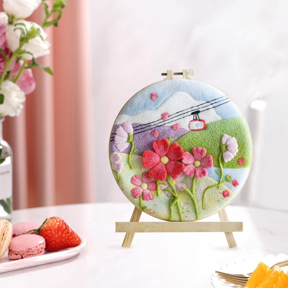 Needle Wool Felt Painting Craft Kits With 20x20cm Frame Pink Daisies