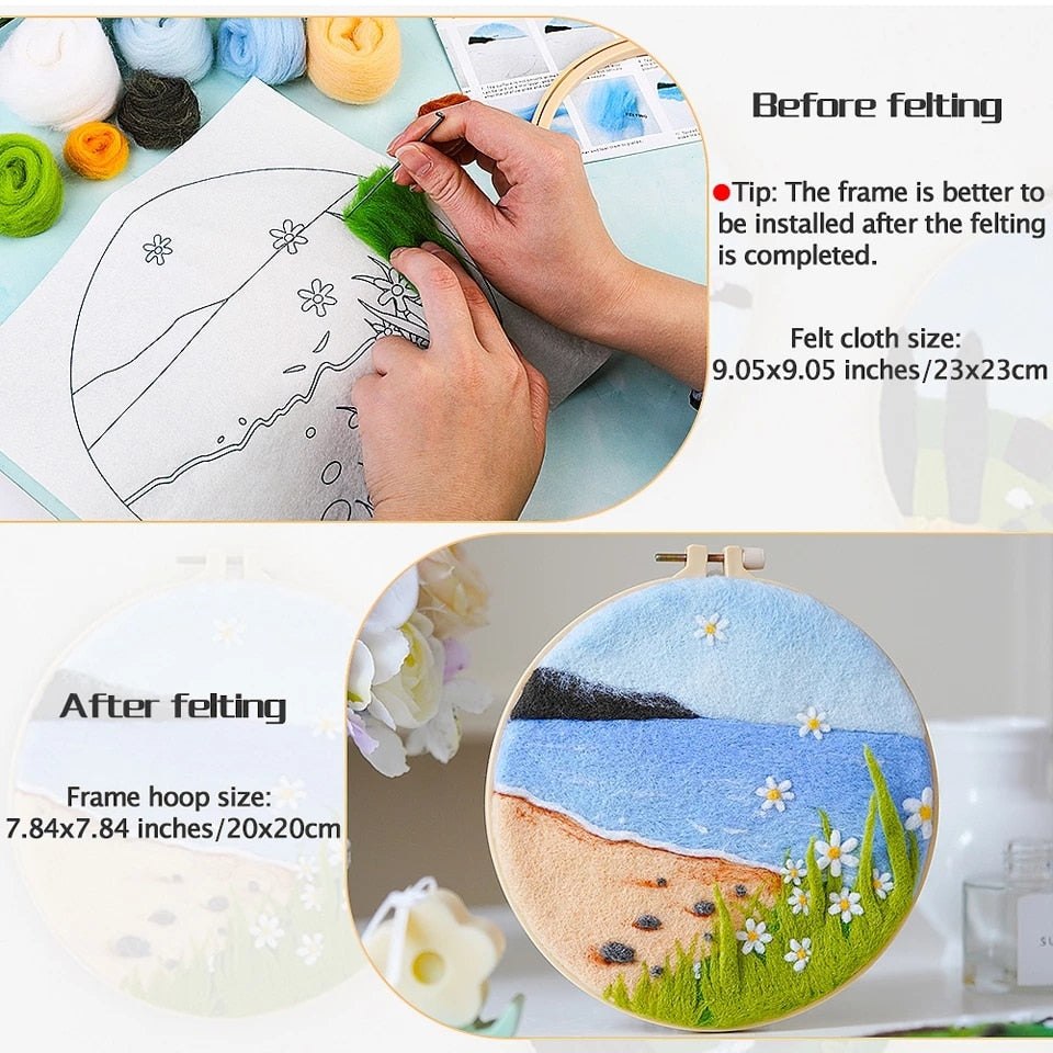 Needle Wool Felt Painting Craft Kits With 20x20cm Frame Pink Daisies