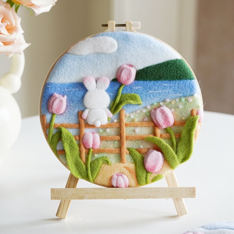 Needle Wool Felt Painting Craft Kits With 20x20cm Frame Tulip Bunny