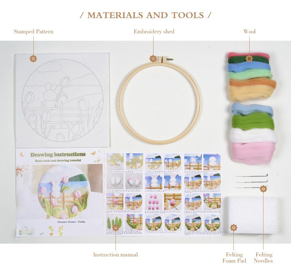 Needle Wool Felt Painting Craft Kits With 20x20cm Frame Pink Daisies