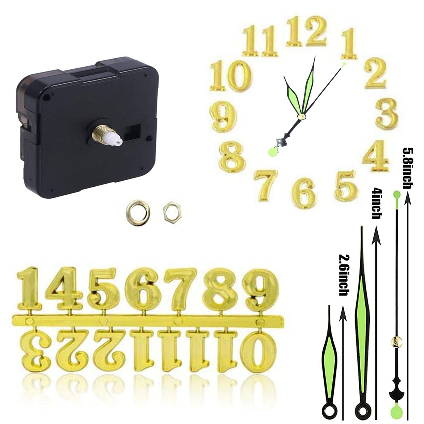 Kit Including Quartz Clock Movement and Mechanical Parts, Hands, Dial Numerals Resin Mould