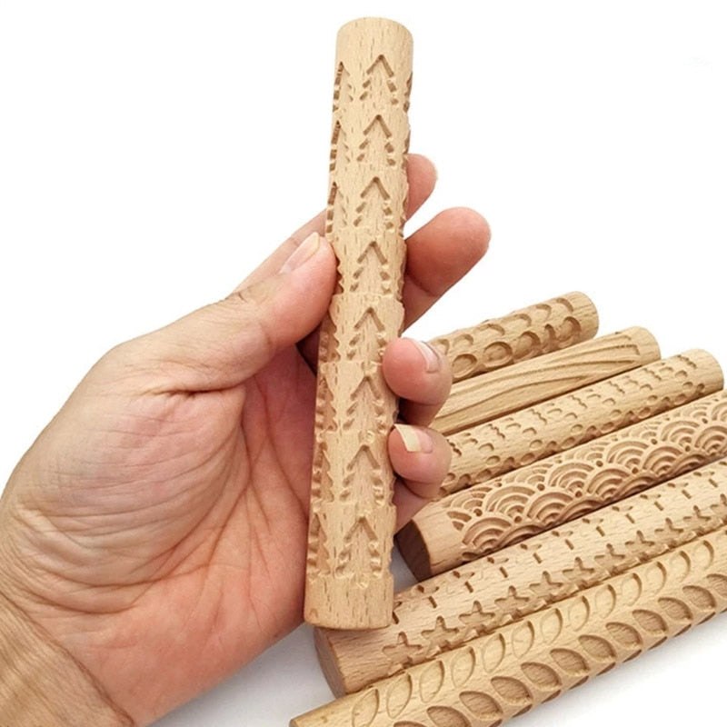 Wooden Texture Rolling Pin Ceramic Pottery Art Embossed DIY Clay Craft Tool