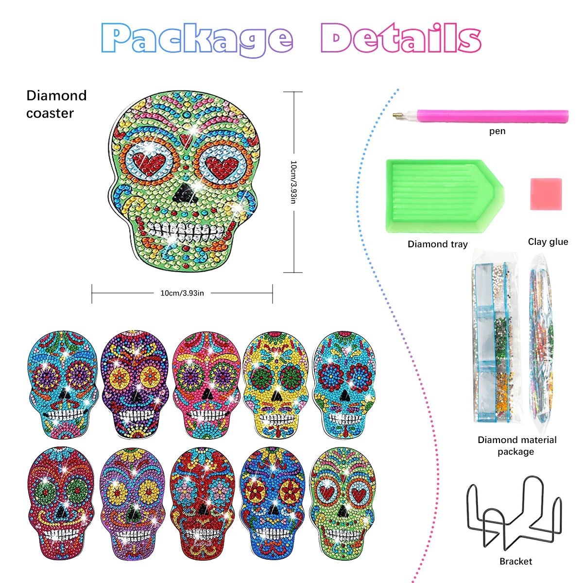 10pc/Sets Diamond Painting Coasters Kits With Holder - Halloween Sugar Skulls
