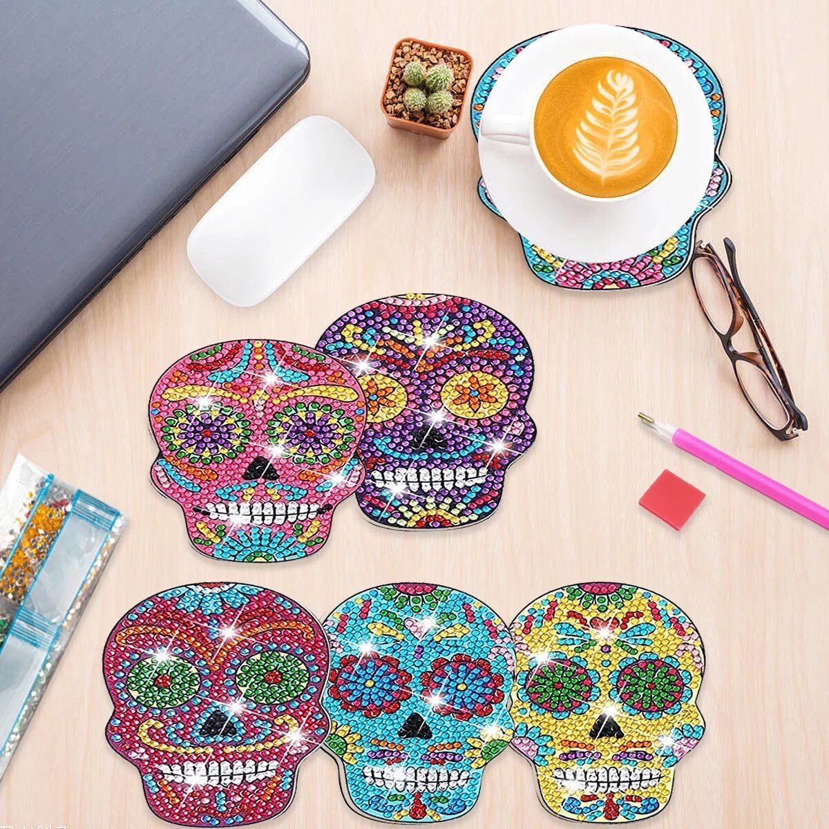 10pc/Sets Diamond Painting Coasters Kits With Holder - Halloween Sugar Skulls