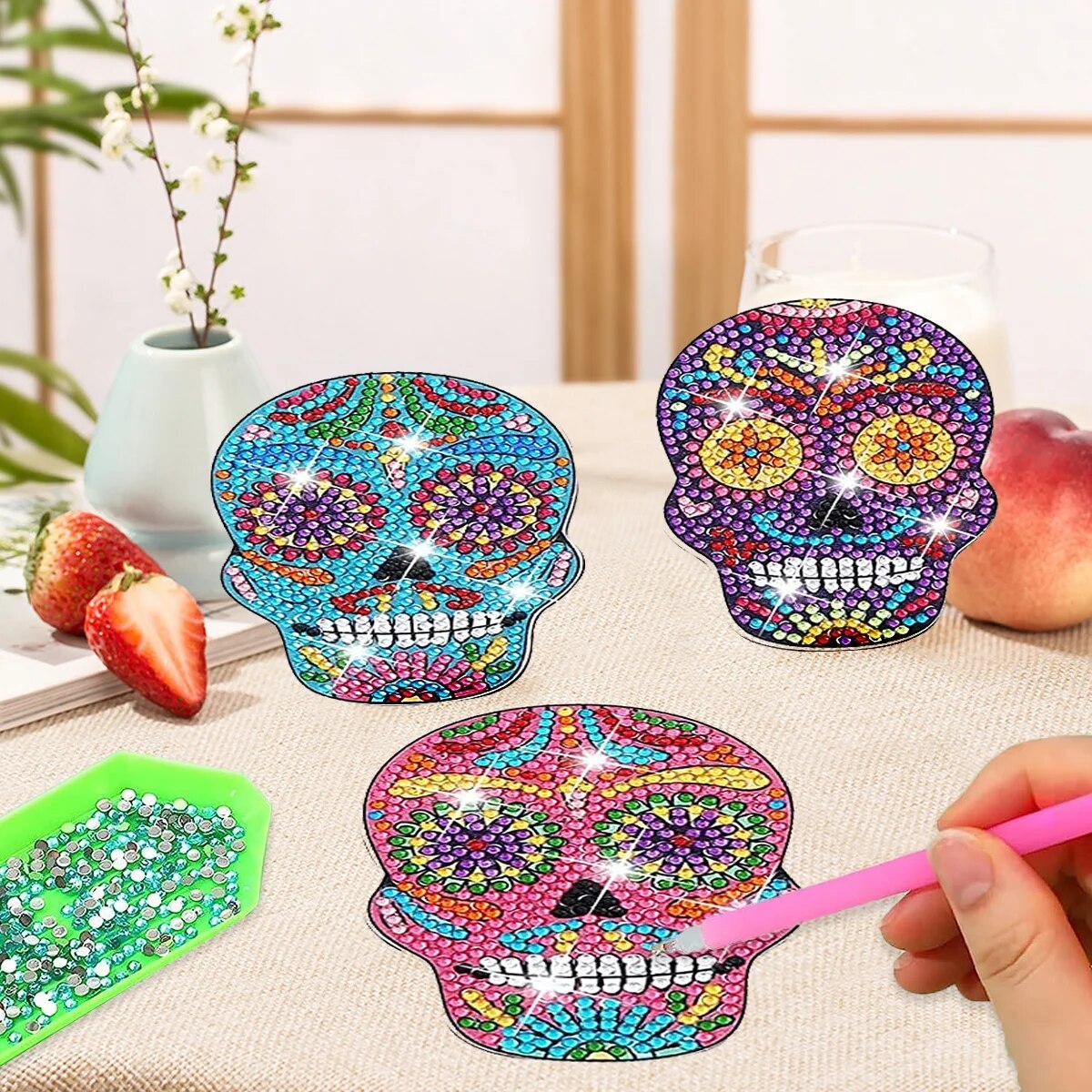 10pc/Sets Diamond Painting Coasters Kits With Holder - Halloween Sugar Skulls