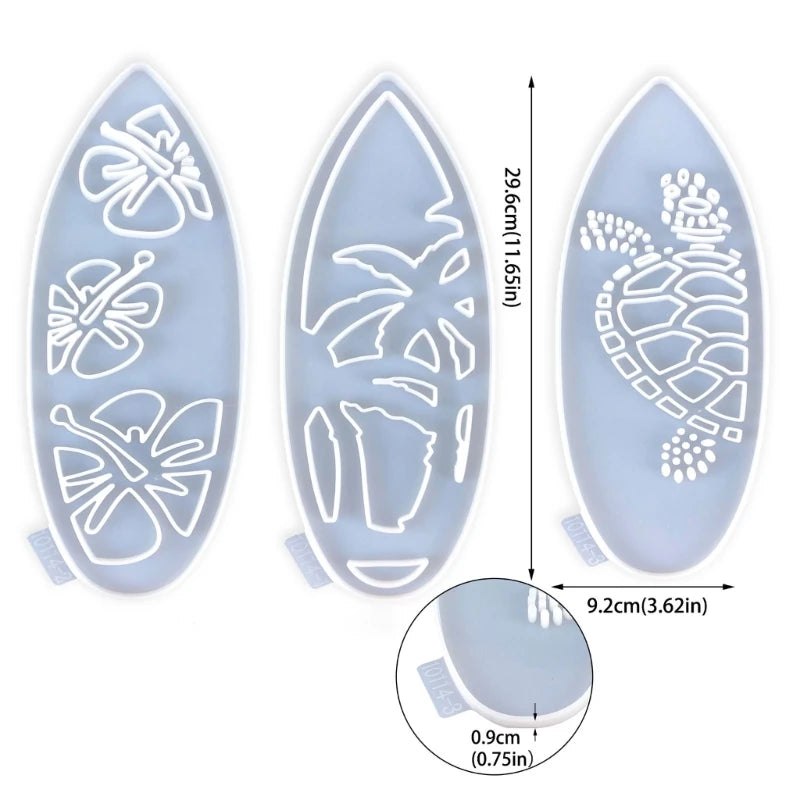 29cm Surfboard Shaped Epoxy Resin Silicone Mould Set of 3