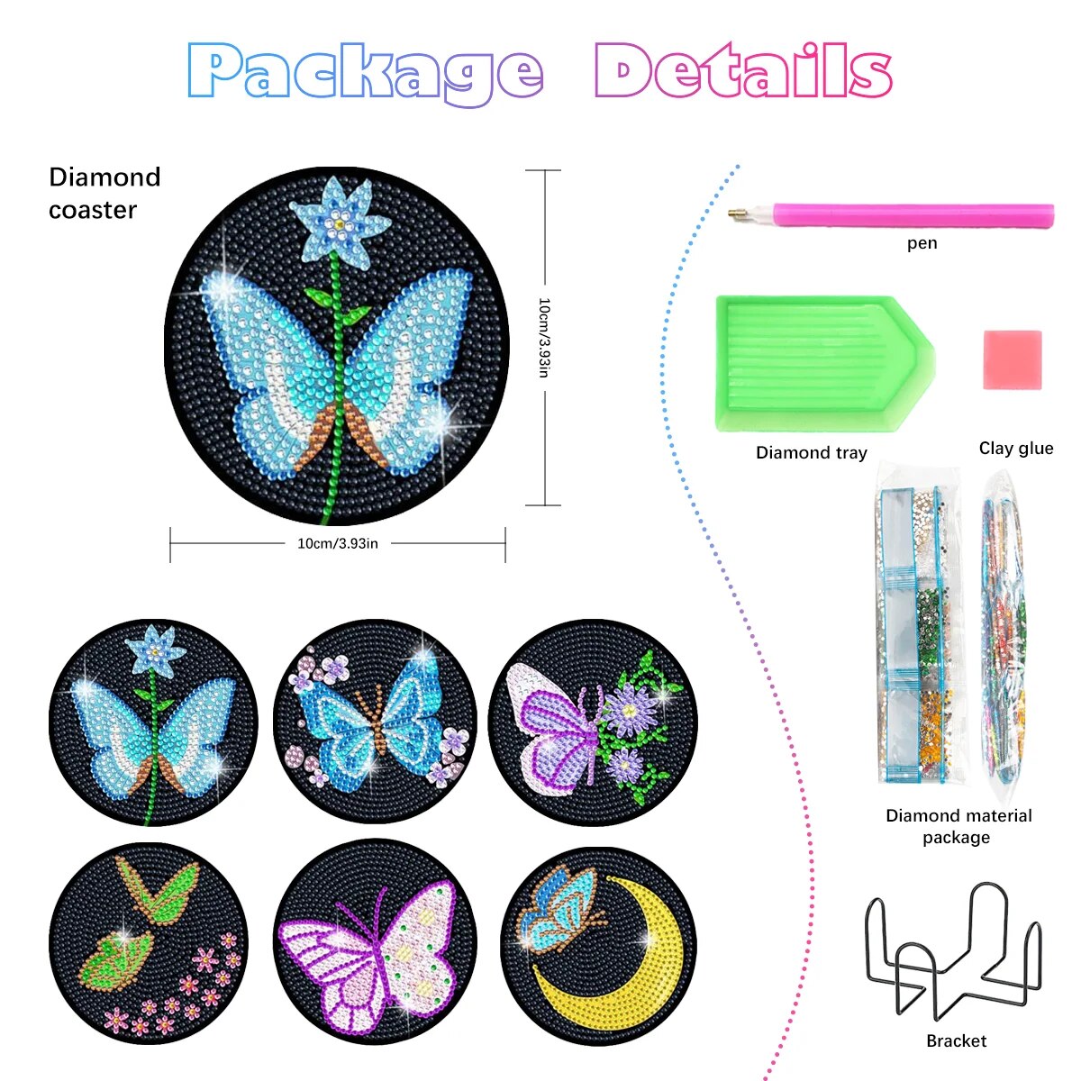 6pc Diamond Painting Coasters Kits With Holder - Butterflies