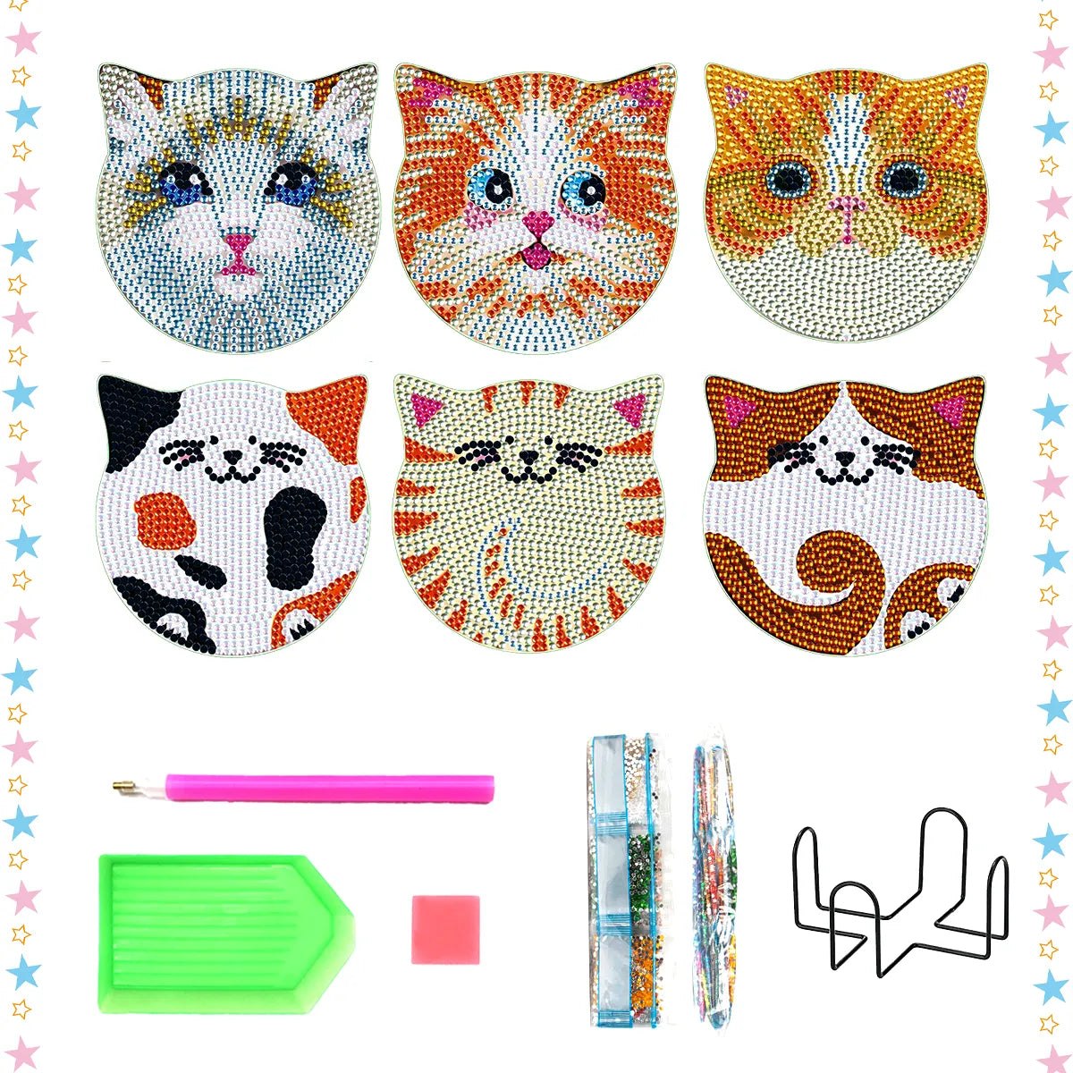 6pc Diamond Painting Coasters Kits With Holder - Kitty Cats