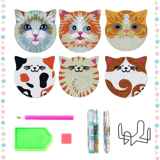 6pc Diamond Painting Coasters Kits With Holder - Kitty Cats