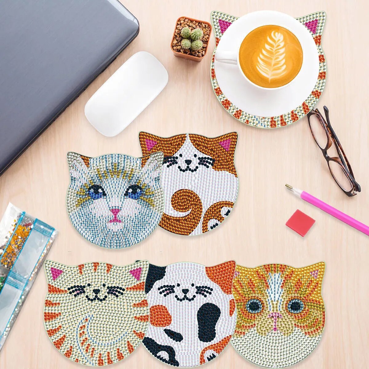 6pc Diamond Painting Coasters Kits With Holder - Kitty Cats