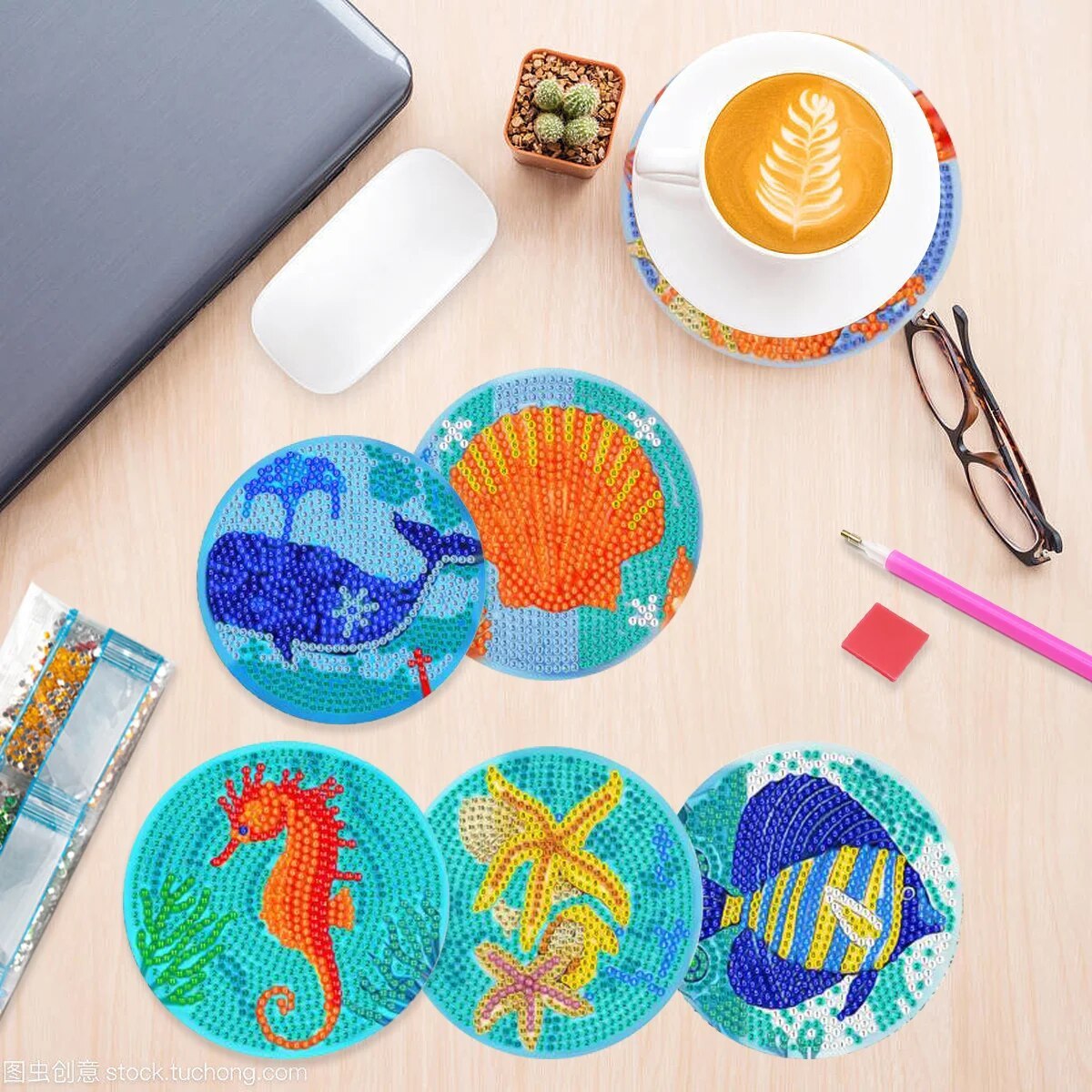 8pc Diamond Painting Coasters Kits With Holder - Ocean Life