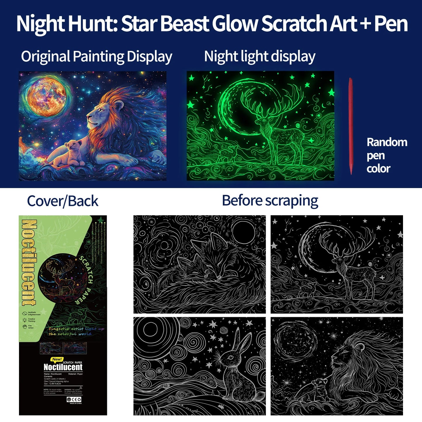 A4 Glow in the Dark DIY Scratch Painting Kit Starry Sky Animals