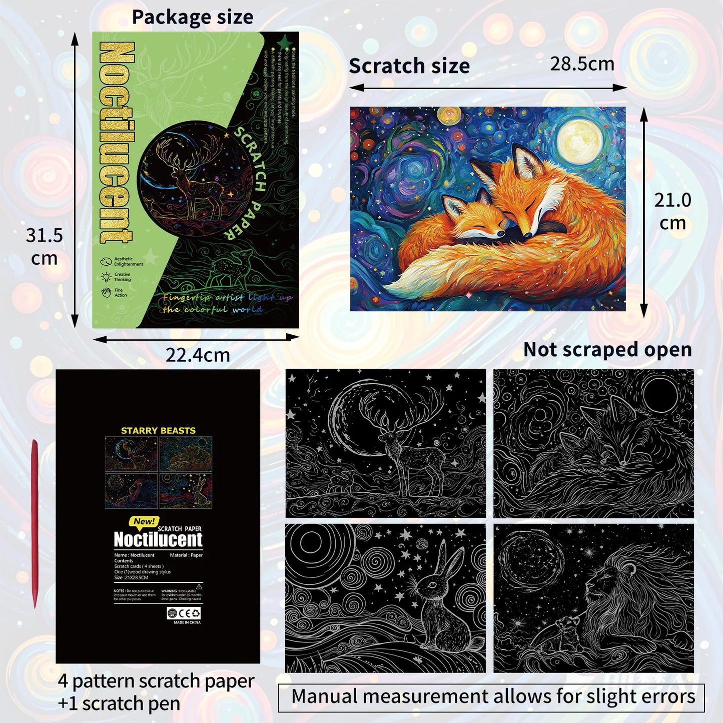 A4 Glow in the Dark DIY Scratch Painting Kit Starry Sky Animals