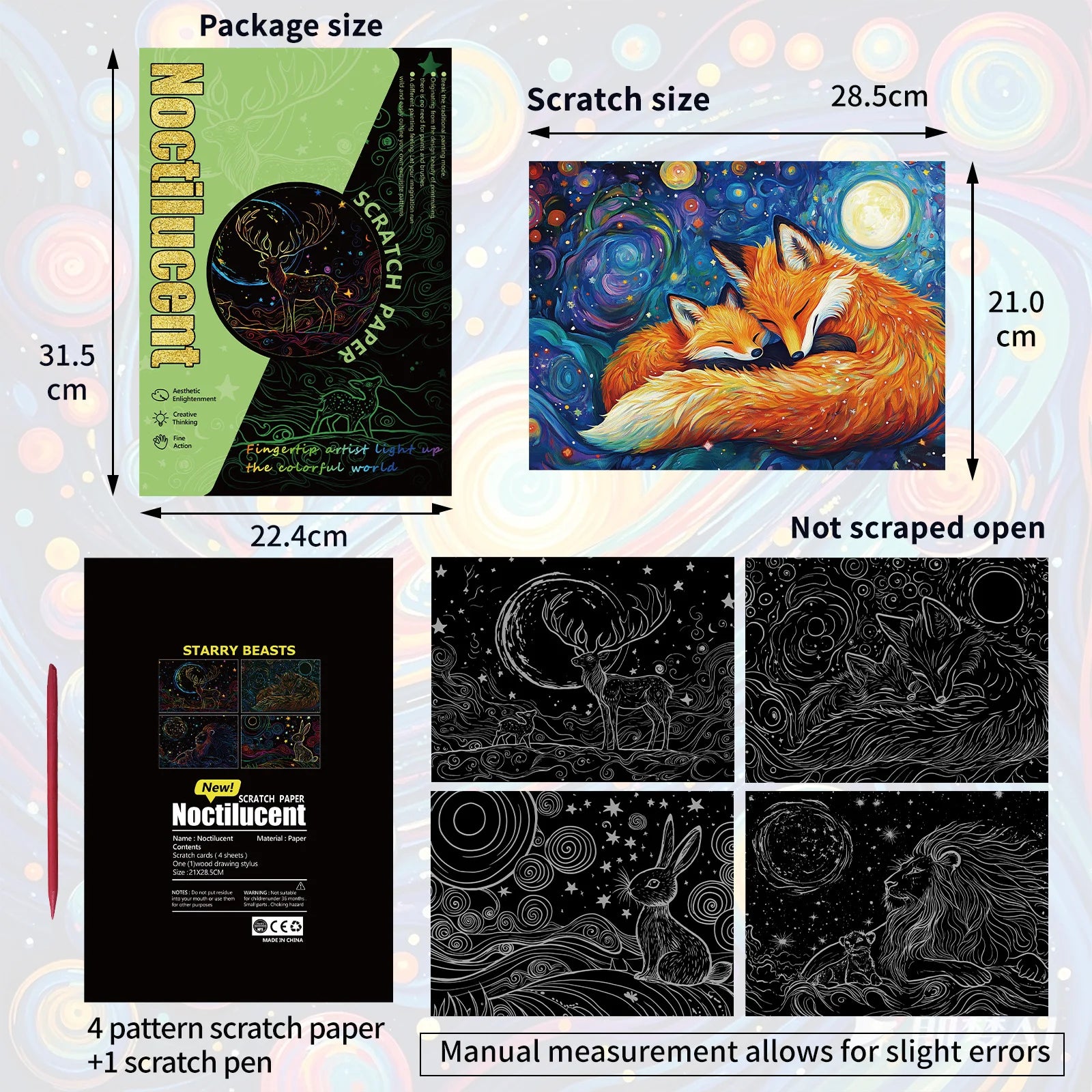 A4 Glow in the Dark DIY Scratch Painting Kit Starry Sky Animals