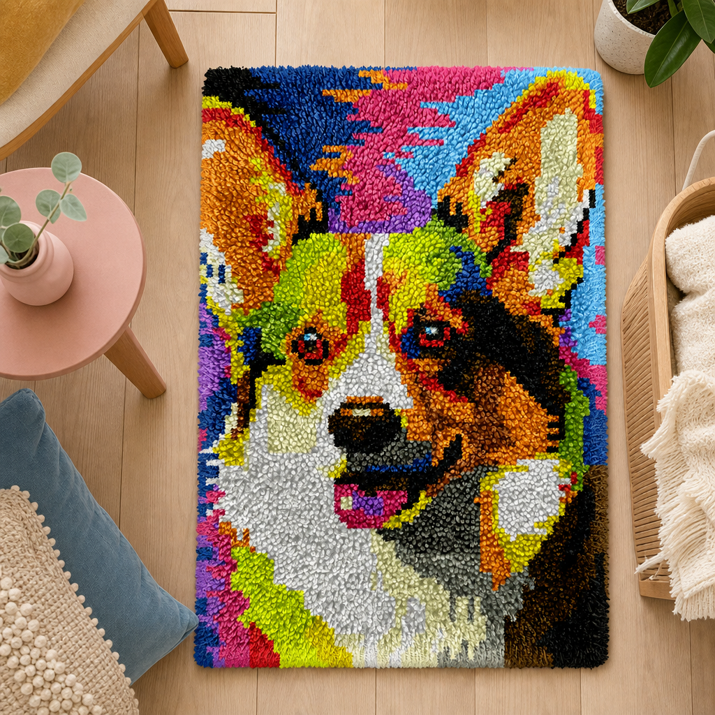 Latch Hook Rug Making Kit - Colourful Corgi Fun - 40x60cm