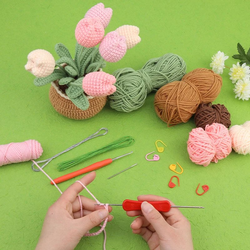 Crochet Craft Flower Kit for Beginners - Pink Tulips