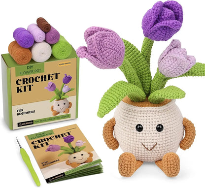 Crochet Smiley Flower Pot Starter Kit - Purple Tulips