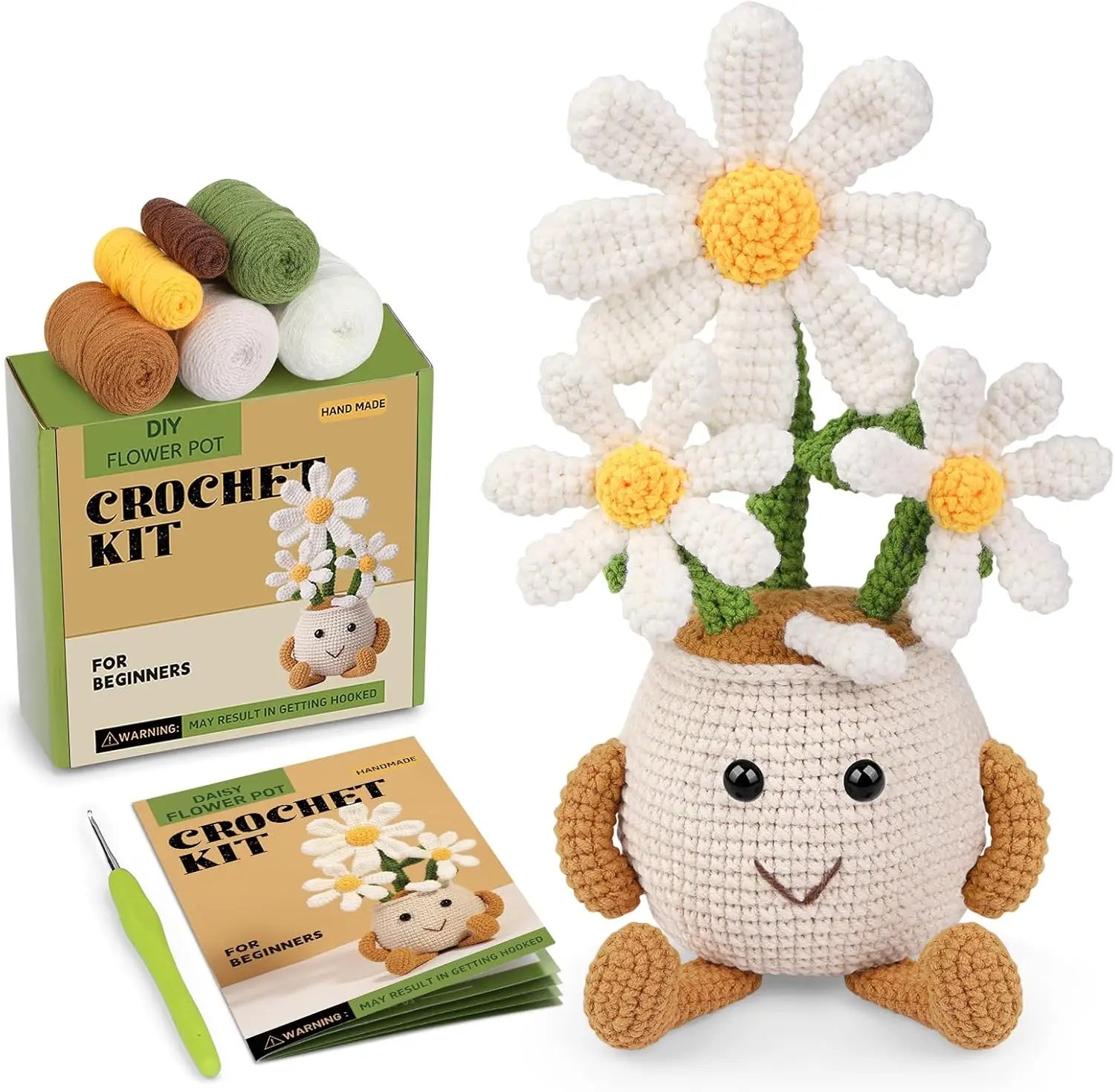 Crochet Smiley Flower Pot Starter Kit - White Daisies