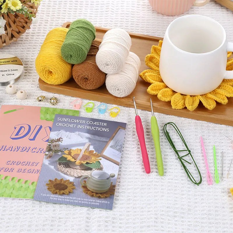 DIY Crochet Coaster Kit - 5pc Yellow Sunflower Basket